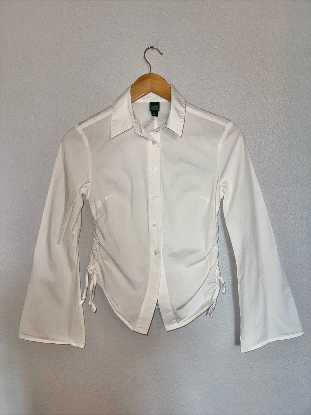 wild fable White Ruched-Side Button Down Shirt Bell Style Sleeve XS - Picture 14 of 15